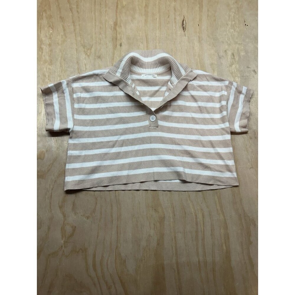 Anthropologie Women’s Oversized XS Cropped Sweater‎ Tan White Striped Collar